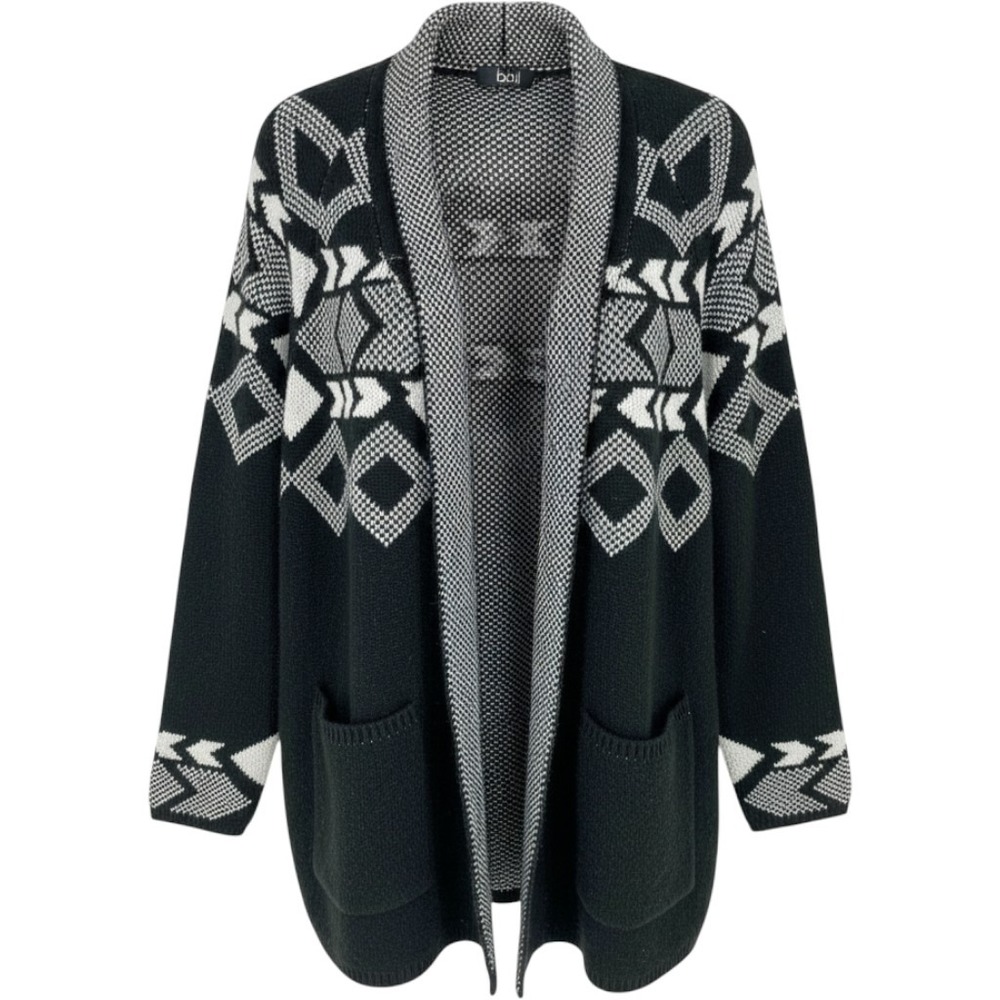 Bobi Los Angeles Black White Geometric Open Front Cardigan Sweater Pockets M